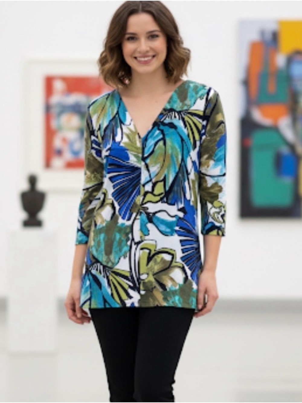 Vintage G Wheels Bold Abstract Top L V-Neck Blue Teal Eclectic Art Teacher Y2K